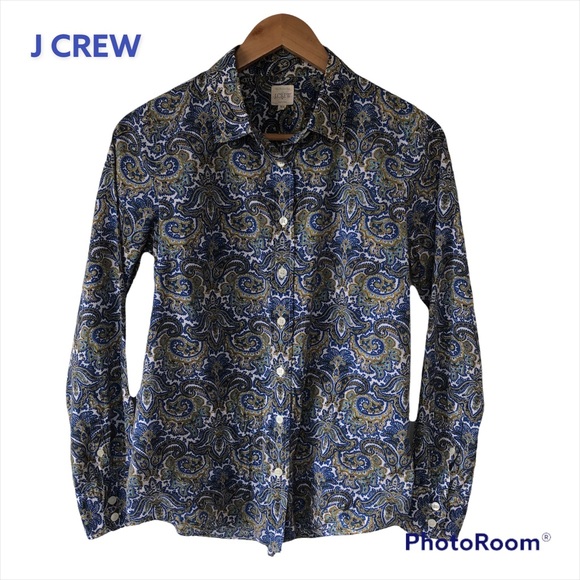 HP🎉J CREW Factory The Perfect Shirt in Blue, Green, Gold & White Paisley Print - Picture 5 of 10